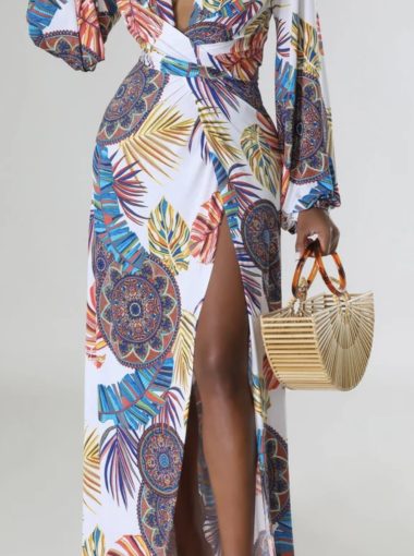 Multicolor floral print front slit maxi dress