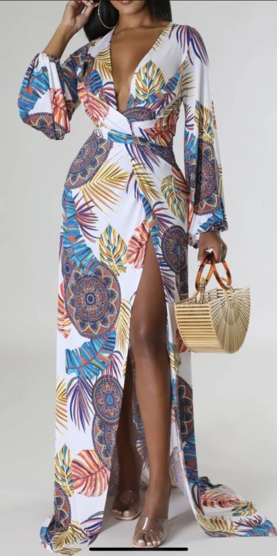 Multicolor floral print front slit maxi dress