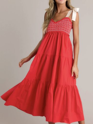 SERENE WHISPER 100% COTTON RED MAXI DRESS