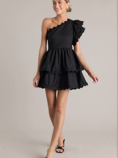 Flirty Flutter Black Scallop Tiered One Shoulder Romper