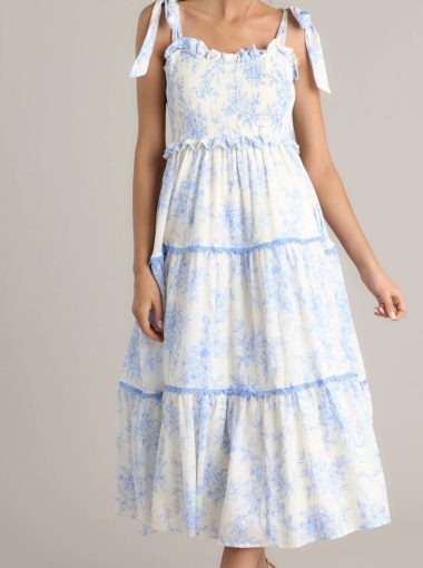 Meadow Serenade Blue Floral Toile Midi Dress