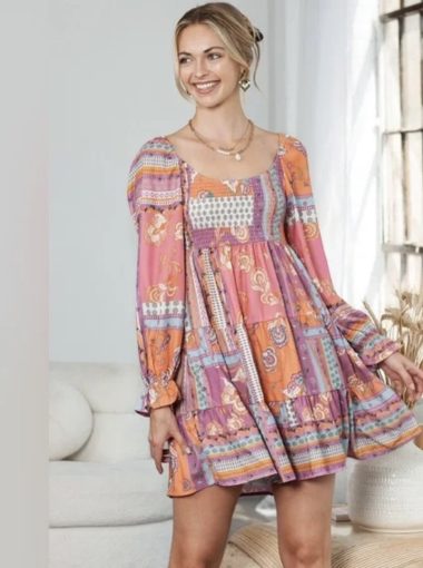 Printed Scoop Neck Flounce Sleeve Dress