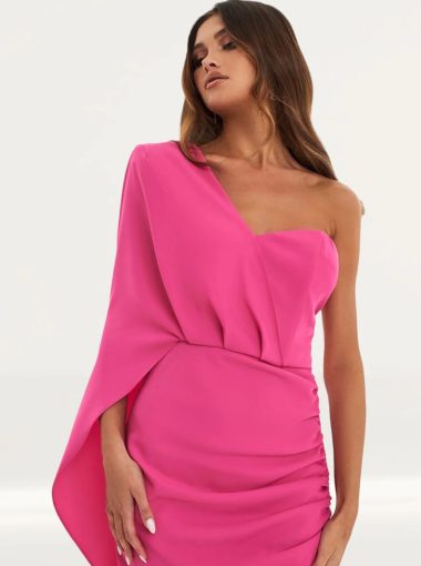 Lavish Alice Bright Pink Ruched Side Cape Midi Dress