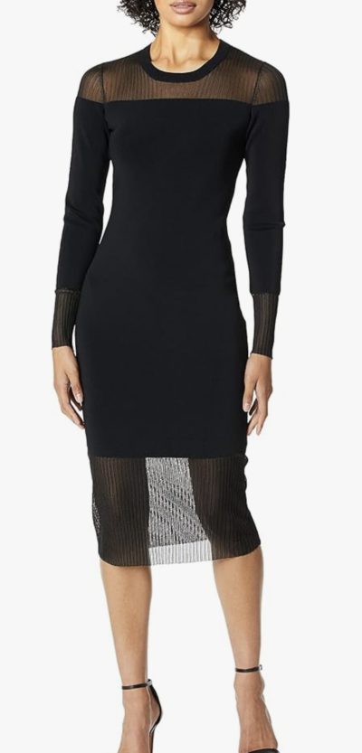 Bailey 44 Black Long Sleeve with Mesh Midi Cocktail Dress- ribbed and stretchy material