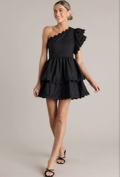 Flirty Flutter Black Scallop Tiered One Shoulder Romper