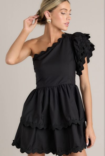 Flirty Flutter Black Scallop Tiered One Shoulder Romper