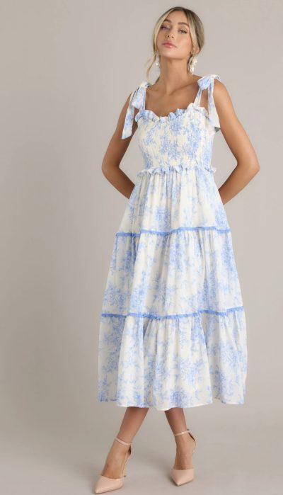 Meadow Serenade Blue Floral Toile Midi Dress