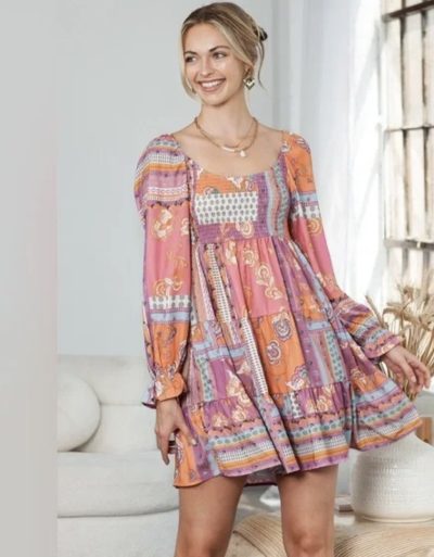 Printed Scoop Neck Flounce Sleeve Dress