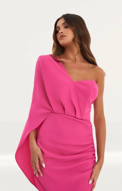 Lavish Alice Bright Pink Ruched Side Cape Midi Dress