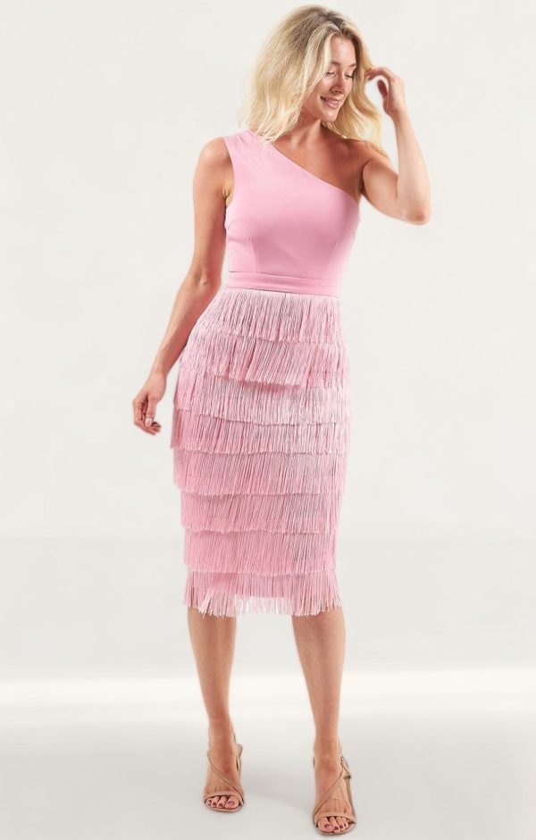 Lavish Alice Pink Fringe One Shoulder Midi Dress