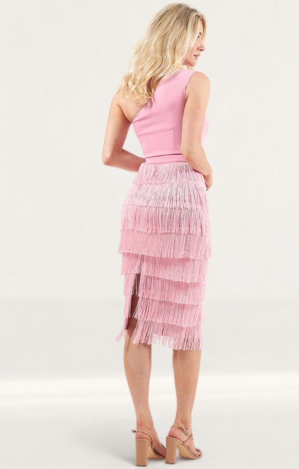 Lavish Alice Pink Fringe One Shoulder Midi Dress