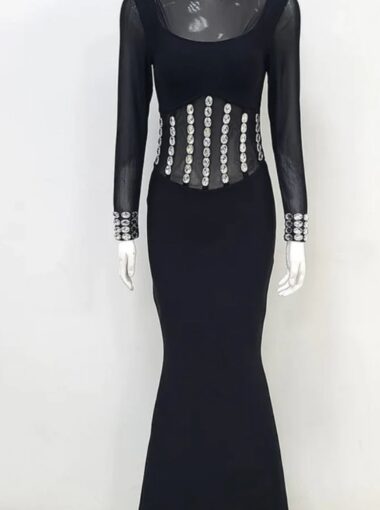 Crystal Mesh Long Sleeve Gown 