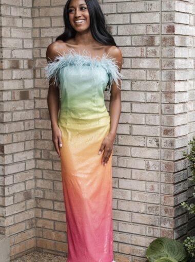 Rainbow sequin maxi with feather trim