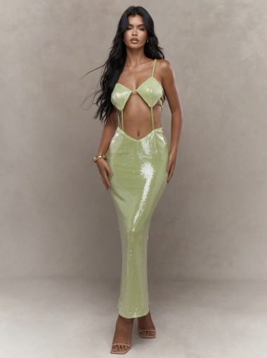 SEQUINED PLUNGE HALTER NECK BODYCON MAXI DRESS