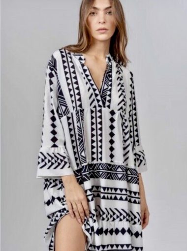 Silk & Salt the perfect sundress mini dress white black Aztec design.