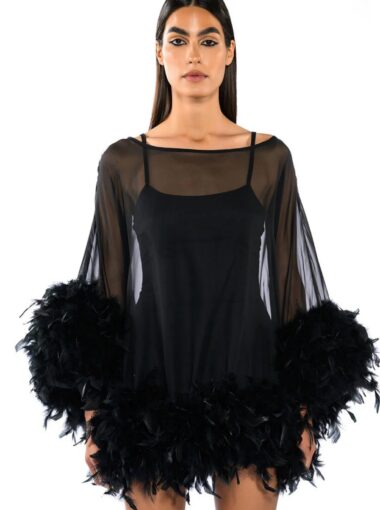 THAT VA VA VOOM LONG SLEEVE SHEER TRAPEZE DRESS WITH FEATHERS