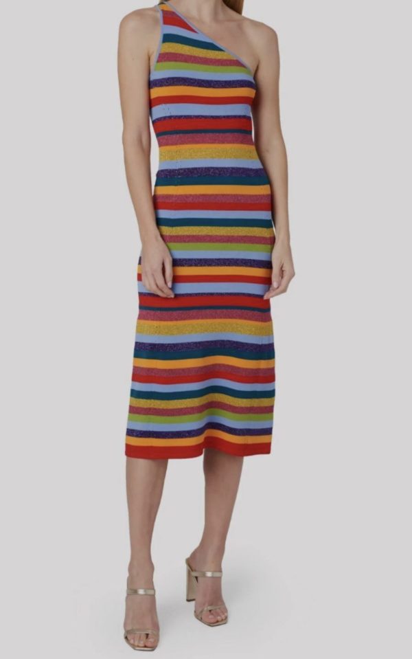 Milly Women's Blue Rainbow Stripe One Shoulder Knit Midi Dress with jacket.