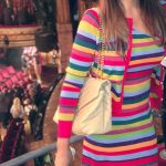 Milly Women's Blue Rainbow Stripe One Shoulder Knit Midi Dress with jacket.