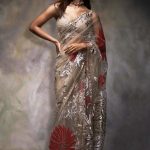 Beige Net Embroidery V Neck Metallic Applique Saree With Blouse 