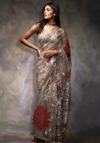 Beige Net Embroidery V Neck Metallic Applique Saree With Blouse 