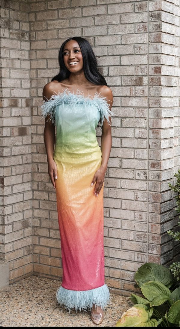 Rainbow sequin maxi with feather trim