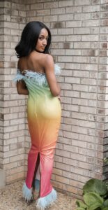 Rainbow sequin maxi with feather trim