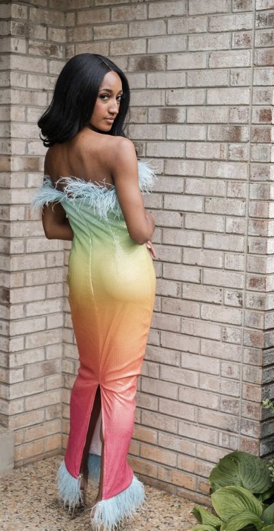 Rainbow sequin maxi with feather trim