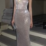 Off-shoulder rhinestone slim fit column dress Stretch and nude base fabric 