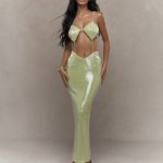 SEQUINED PLUNGE HALTER NECK BODYCON MAXI DRESS
