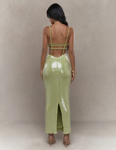 SEQUINED PLUNGE HALTER NECK BODYCON MAXI DRESS