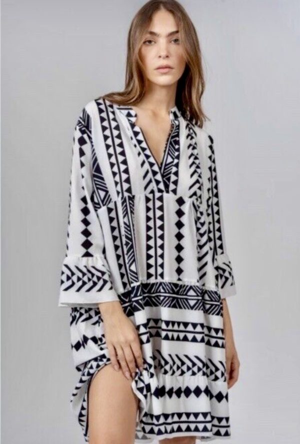 Silk & Salt the perfect sundress mini dress white black Aztec design.