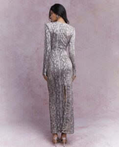 Snake print cut-out long sleeves slit back maxi dress