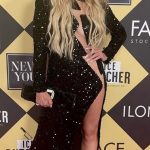 Spencer irregular mesh cut-out sequin gown.