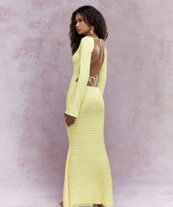 Textured backless long sleeves mermaid hem maxi dress