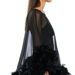 THAT VA VA VOOM LONG SLEEVE SHEER TRAPEZE DRESS WITH FEATHERS