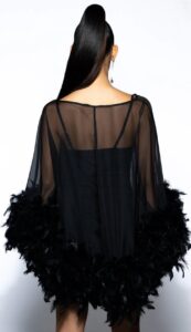 THAT VA VA VOOM LONG SLEEVE SHEER TRAPEZE DRESS WITH FEATHERS