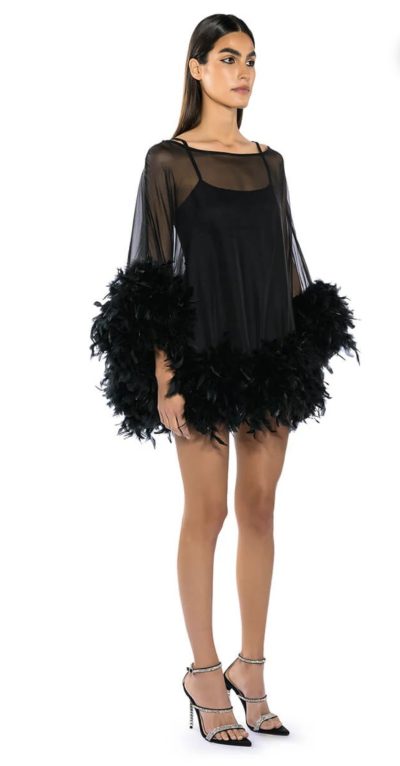 THAT VA VA VOOM LONG SLEEVE SHEER TRAPEZE DRESS WITH FEATHERS