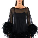 THAT VA VA VOOM LONG SLEEVE SHEER TRAPEZE DRESS WITH FEATHERS