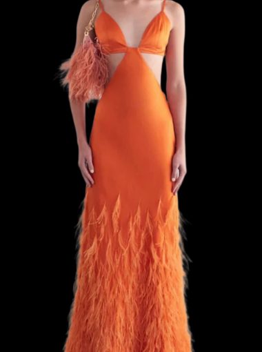 Alana satin cut out ostrich feather gown 