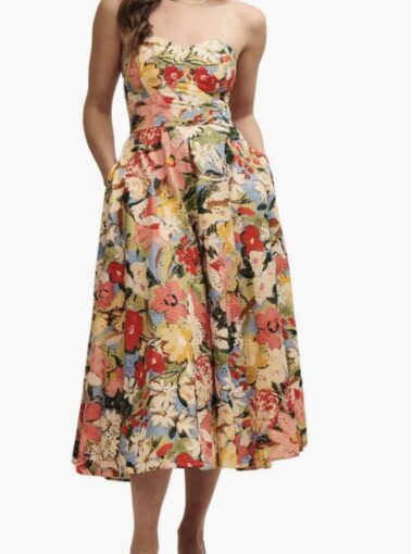 Aurora floral print eyelet strapless organic cotton dress