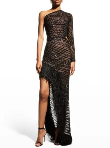 Bronx and Banco Lola sheer feather gown with slip