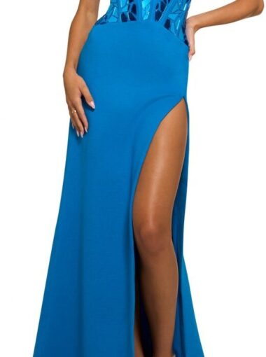 Blue formal high slit dress. Embellished formal gown.