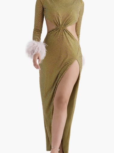 HOUSE OF CB Gina Rhinestone Feather Trim Long Sleeve Cutout Cocktail Dress