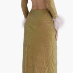 HOUSE OF CB Gina Rhinestone Feather Trim Long Sleeve Cutout Cocktail Dress