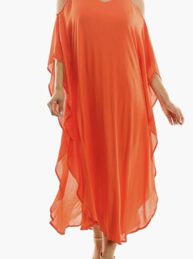 Orange gauze long sleeve cold shoulder dress