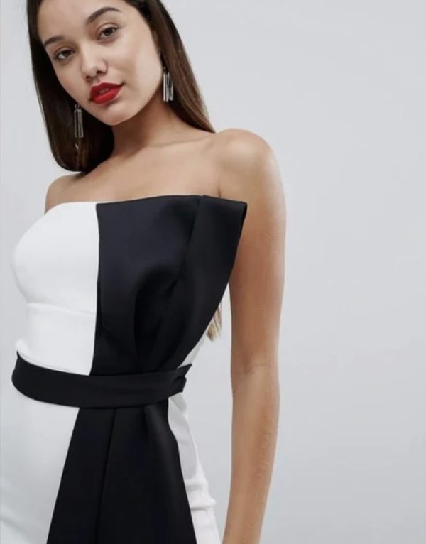 ASOS Mono Bow Front Bandeau Midi Bodycon Dress.