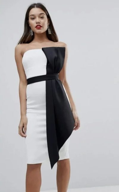 ASOS Mono Bow Front Bandeau Midi Bodycon Dress.