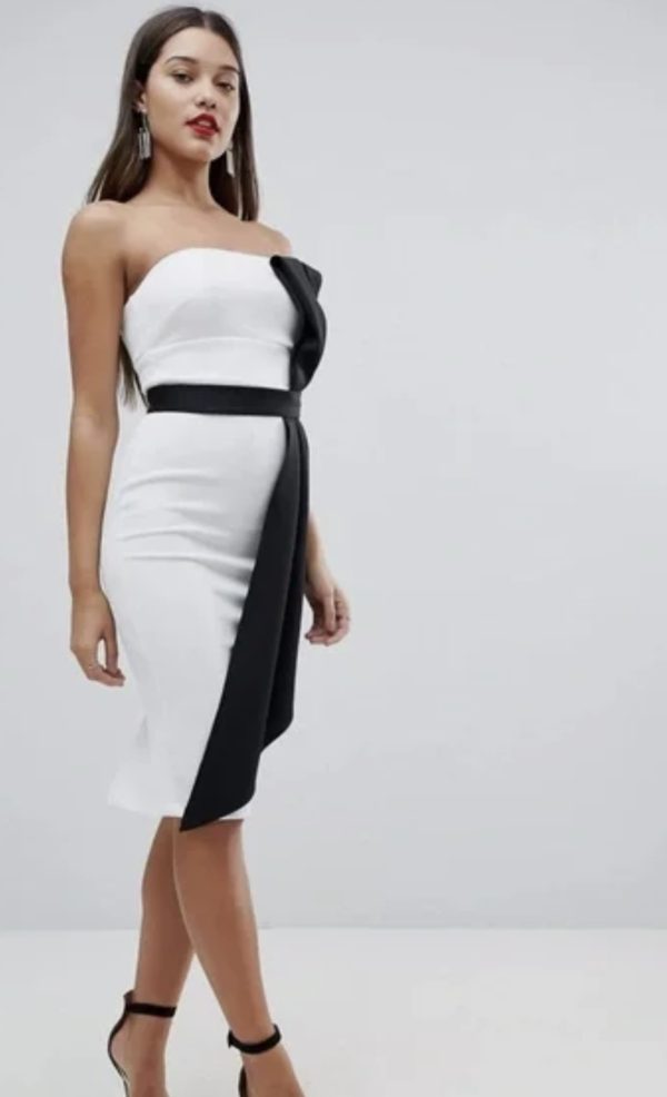 ASOS Mono Bow Front Bandeau Midi Bodycon Dress.