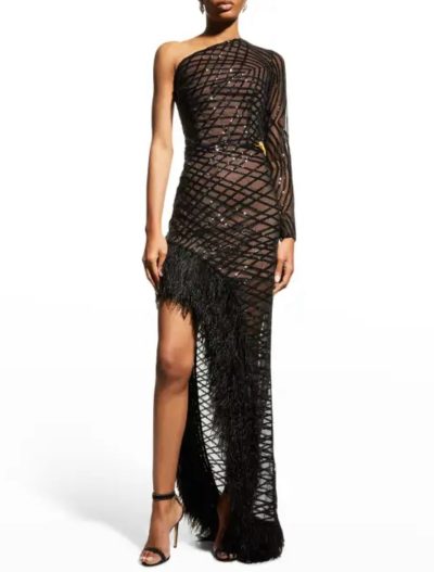 Bronx and Banco Lola sheer feather gown with slip