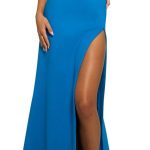 Blue formal high slit dress. Embellished formal gown.